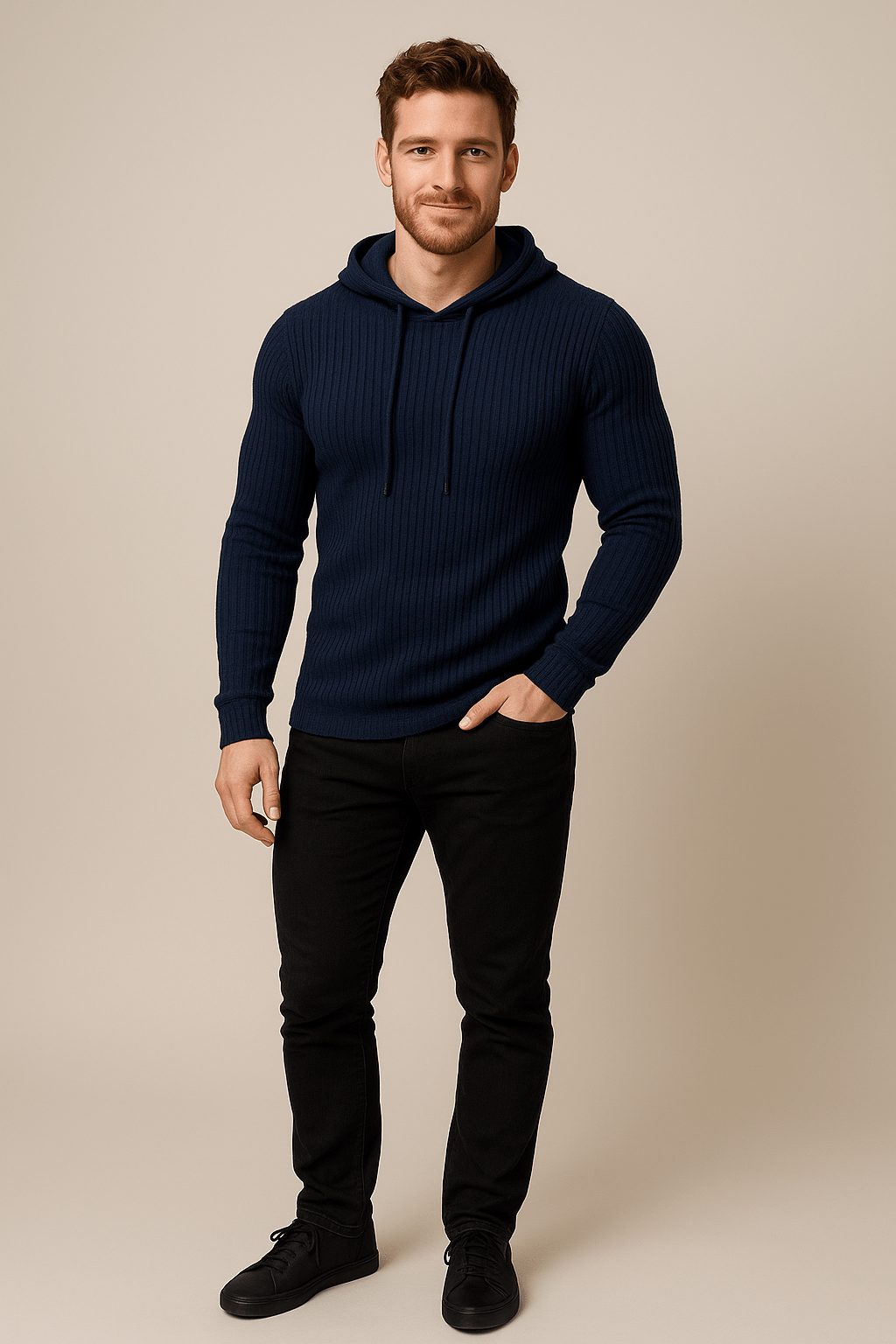 Herren Strick-Hoodie | Slim Fit Rippstrickdesign mit Kordelzug