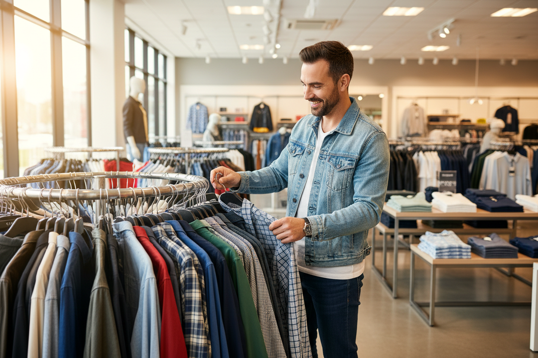 maak een lachende man die kleding uit aan het zoeken is uit een kledingrek, en de kleding die je ziet hangen meot overeen komen met de producten die op de store staan (dasmodeoutlet.de)