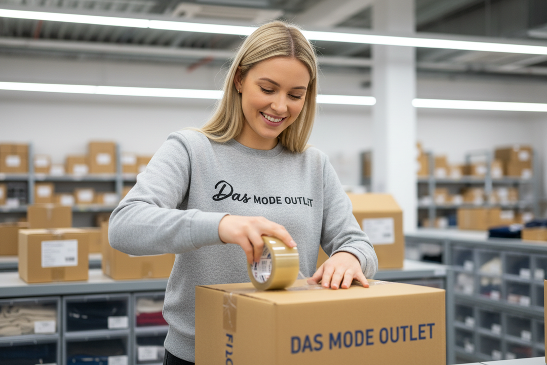 maak een lachende medewerker met een das mode outlet trui aan de een doos aan het dichtmaken is, er staat ook das mode outlet op de doos en het lijkt alsnof ze in het magazijn aan het werk is om orders uit te pakken, maak het een aantrekkelijke blanke, blonde vrouw van rond de 25 